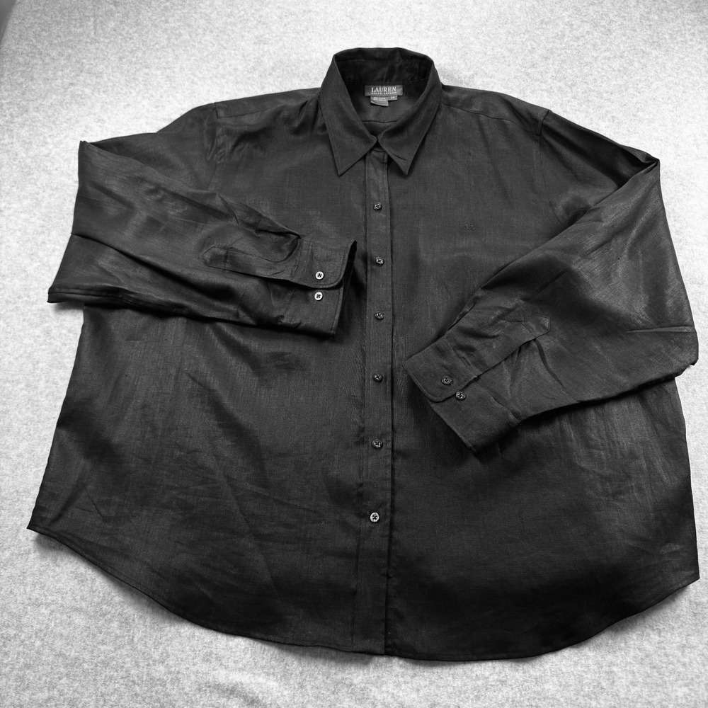 Lauren Ralph Lauren Womens 2X Black 100% Linen Button Down Shirt Long Sleeve LRL - Picture 2 of 8